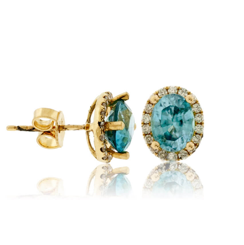 Oval Blue Zircon & Diamond Halo Stud Post Earrings - Park City Jewelers