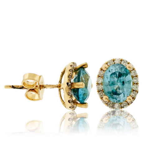 Oval Blue Zircon & Diamond Halo Stud Post Earrings - Park City Jewelers