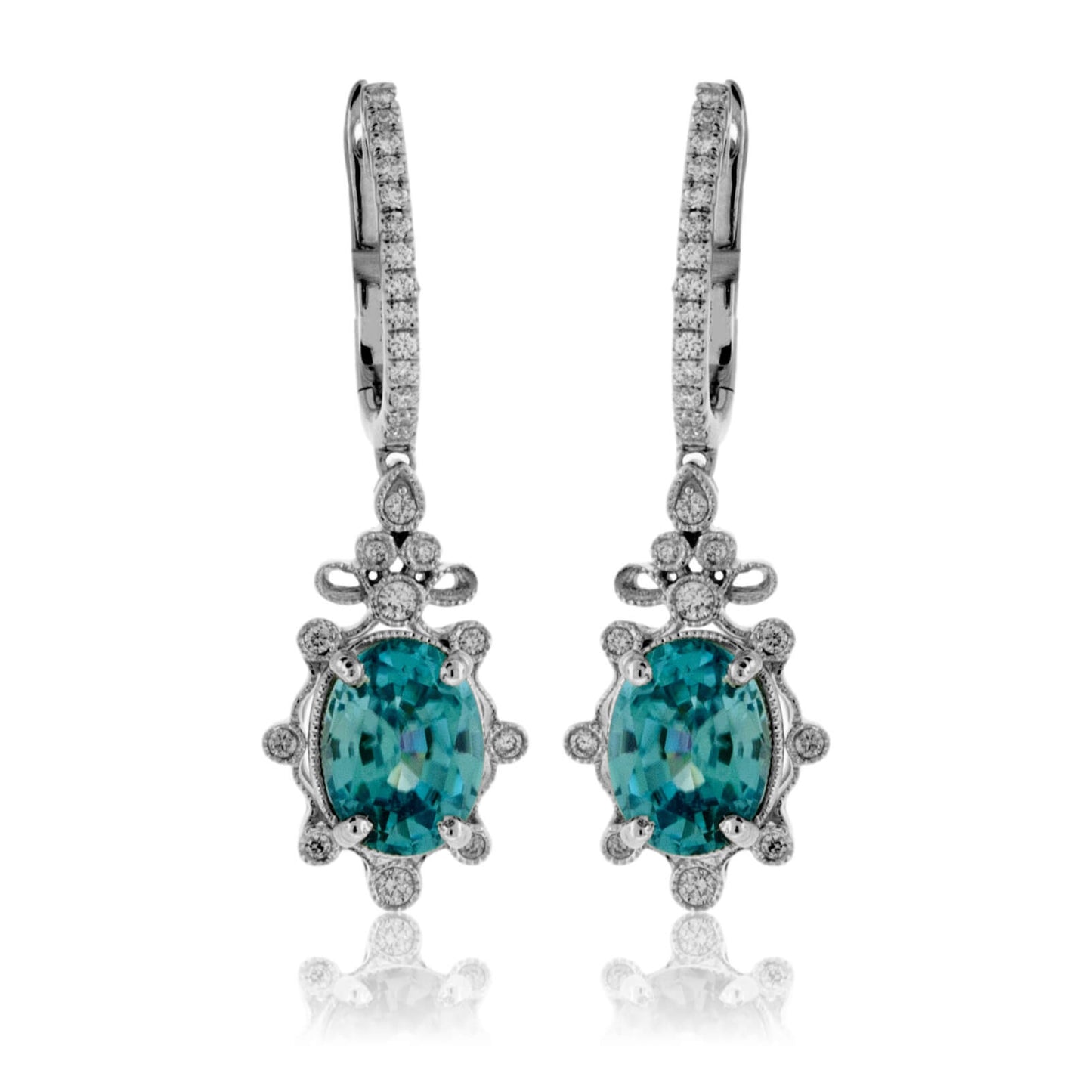 Oval Blue Zircon & Diamond Milgrain Dangle Earrings - Park City Jewelers