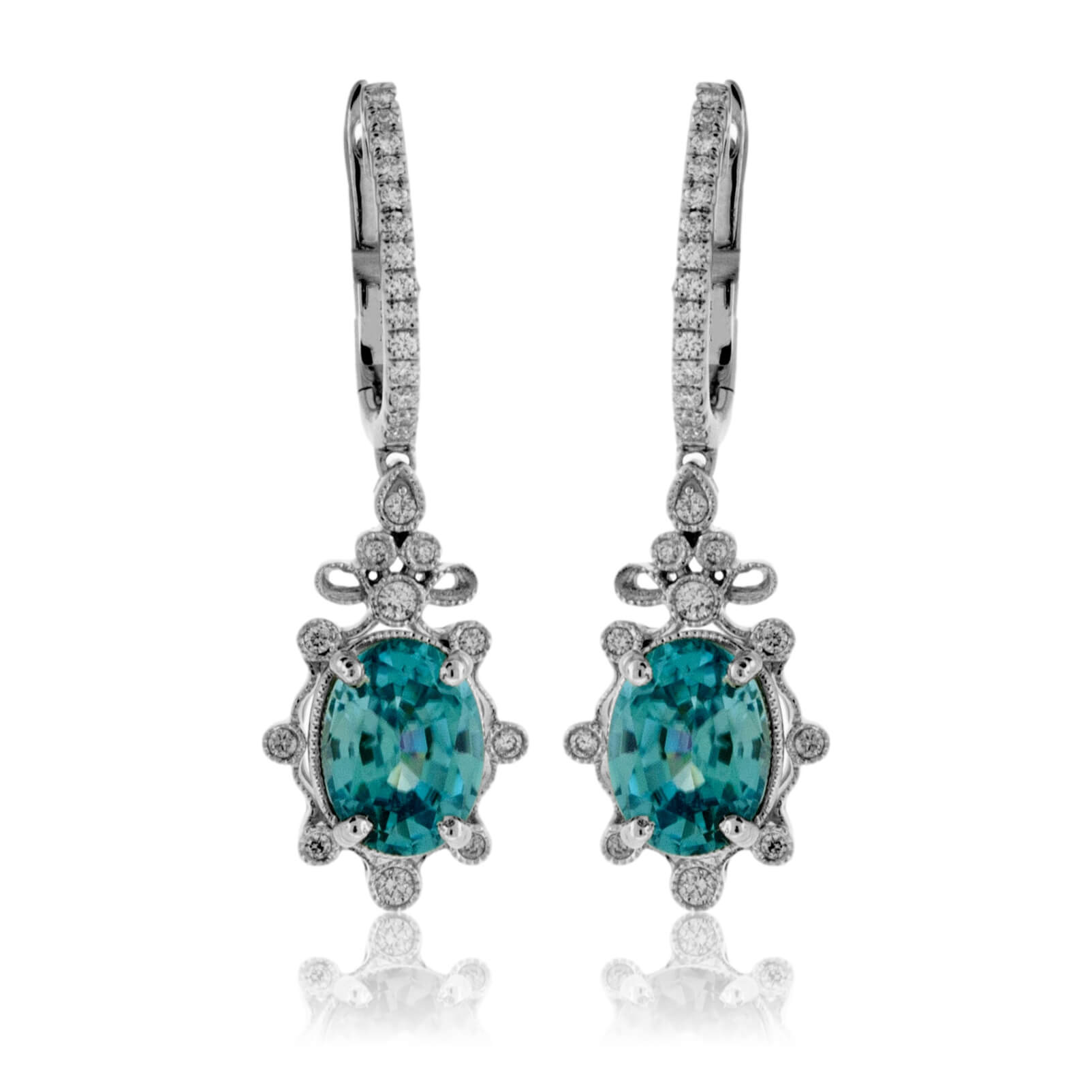 Oval Blue Zircon & Diamond Milgrain Dangle Earrings - Park City Jewelers