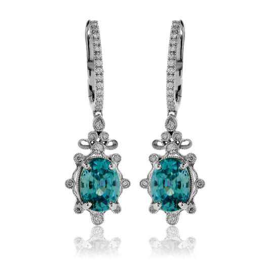 Oval Blue Zircon & Diamond Milgrain Dangle Earrings - Park City Jewelers