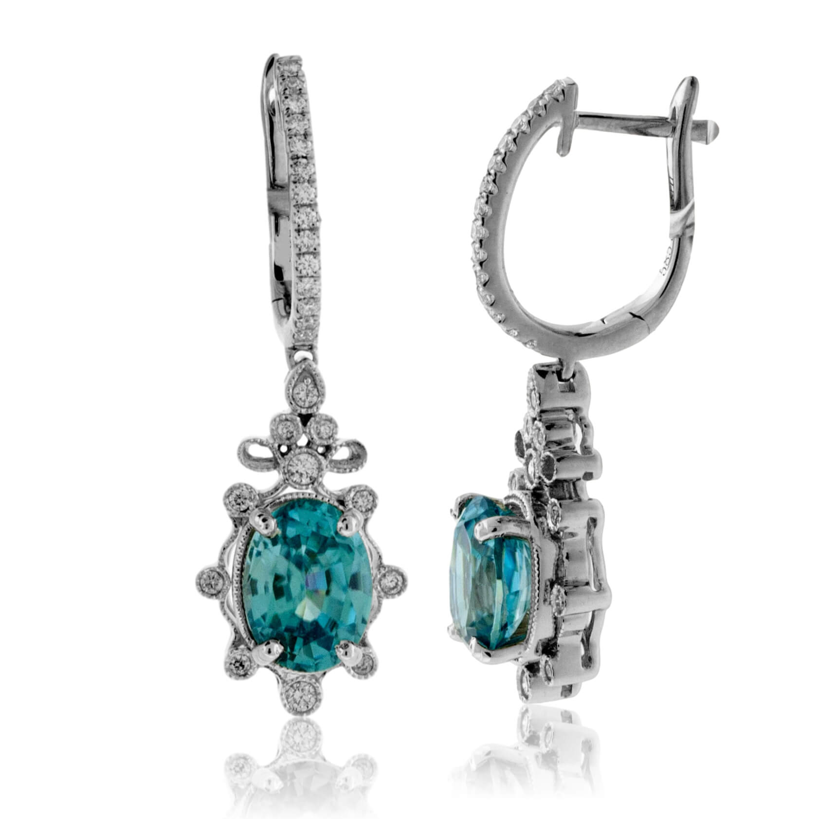 Oval Blue Zircon & Diamond Milgrain Dangle Earrings - Park City Jewelers