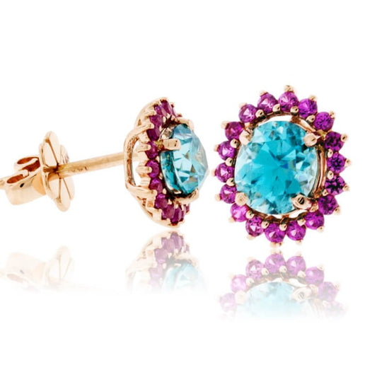Oval Blue Zircon & Pink Sapphire Classic Halo Post Earrings - Park City Jewelers