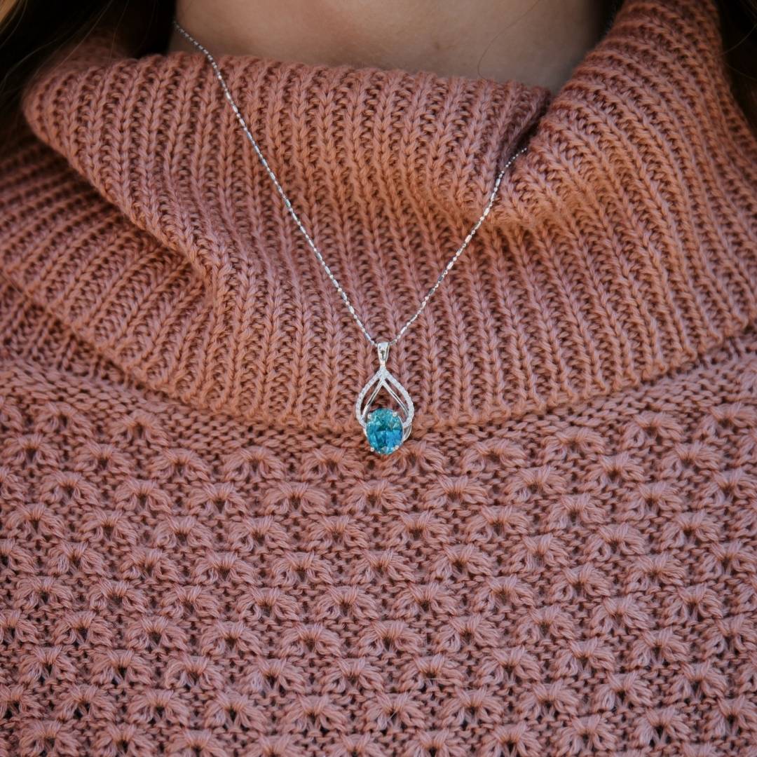 Oval Blue Zircon with Diamond & Gold Outline Pendant - Park City Jewelers