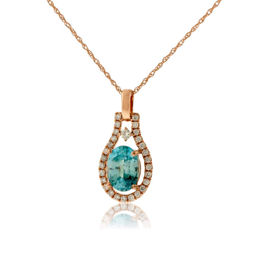 Oval Blue Zircon with Diamond Outline Pendant - Park City Jewelers