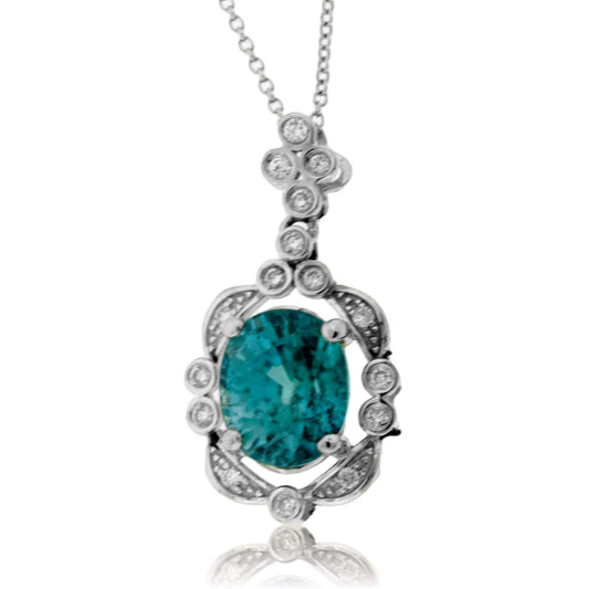 Oval Blue Zircon with Unique Diamond Halo Pendant - Park City Jewelers
