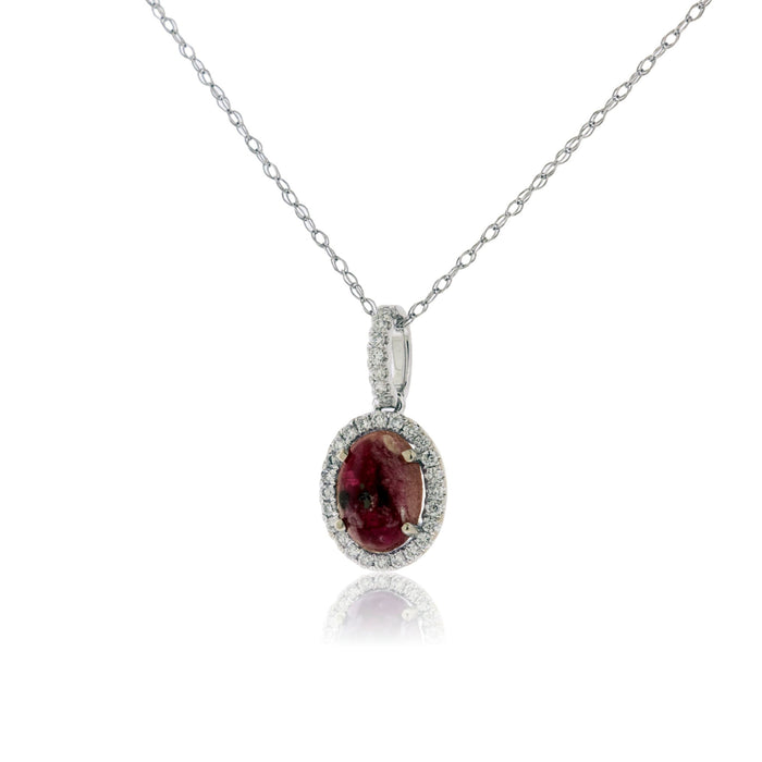 Oval Cabochon Cut Red Emerald Halo Style Pendant - Park City Jewelers