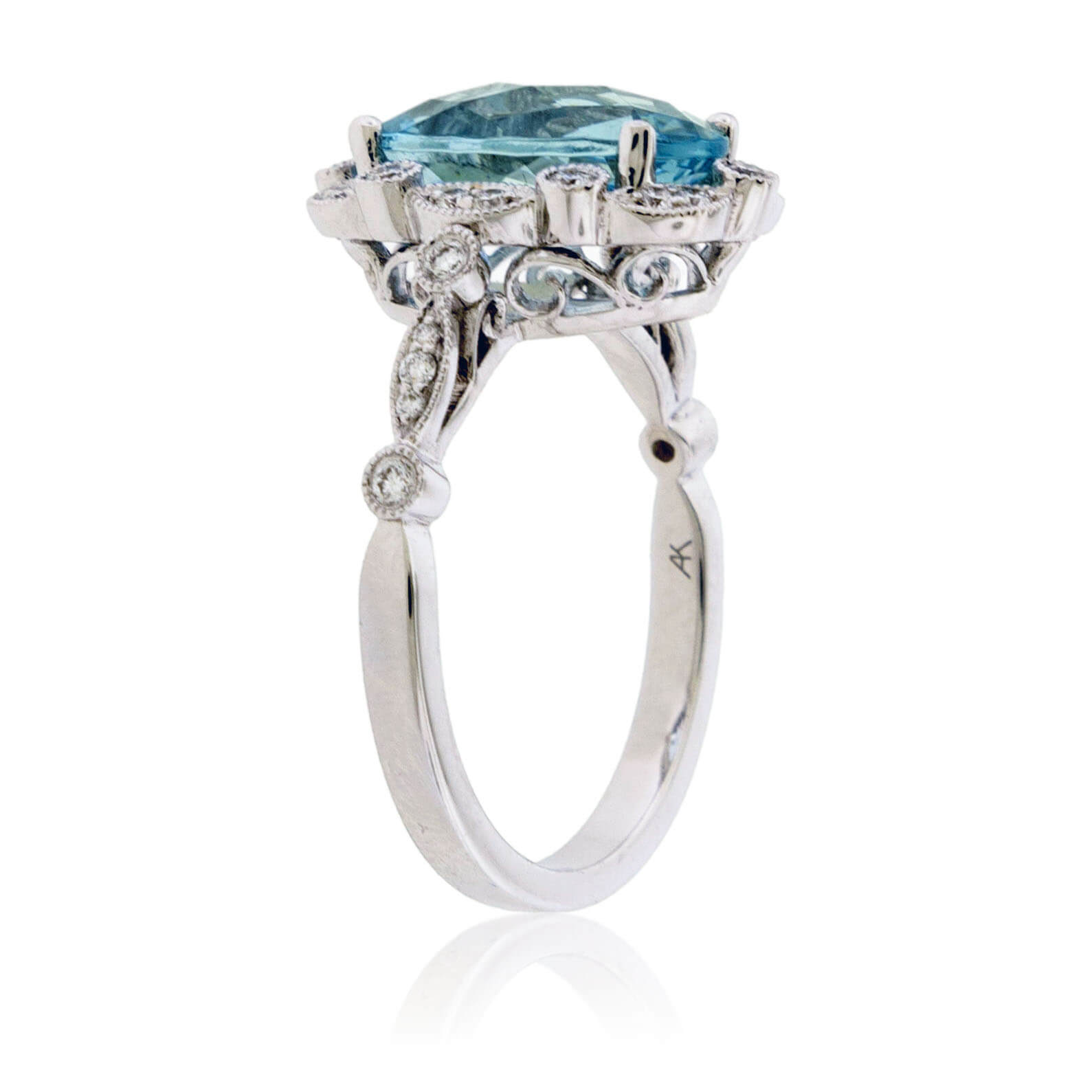 Oval-Cut Aquamarine with Scalloped Diamond Halo Ring - Park City Jewelers