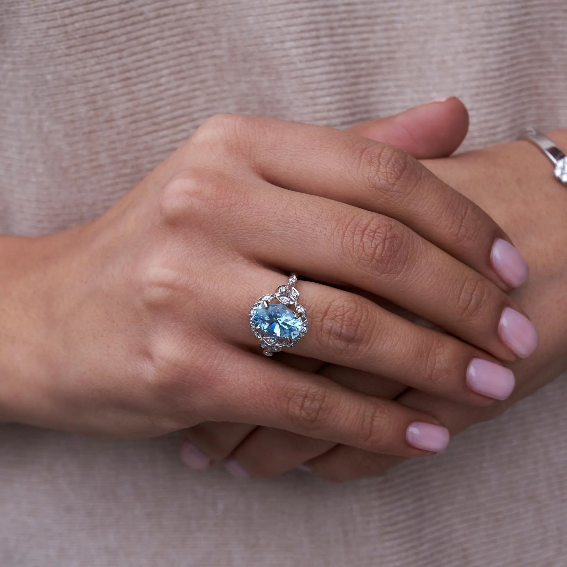 Oval-Cut Aquamarine with Scalloped Diamond Halo Ring - Park City Jewelers
