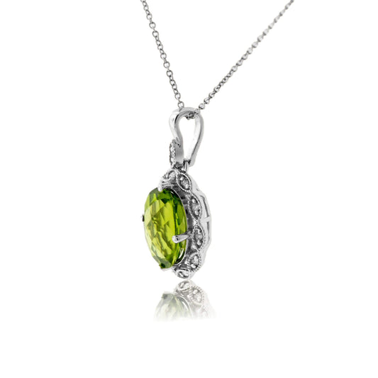 Oval-Cut Peridot & Vintage Inspired Diamond Halo Pendant - Park City Jewelers