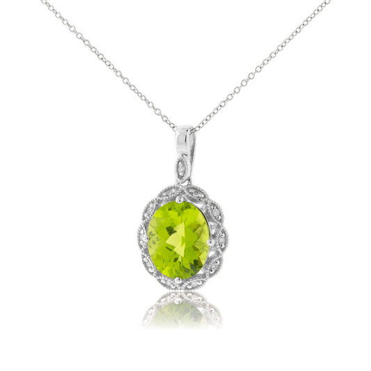 Oval-Cut Peridot & Vintage Inspired Diamond Halo Pendant - Park City Jewelers