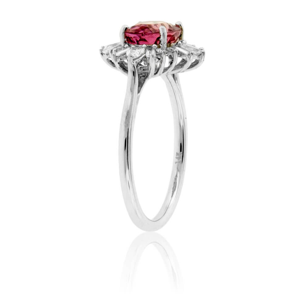 Oval-Cut Pink Tourmaline Oval & Diamond Sunburst Halo Ring - Park City Jewelers