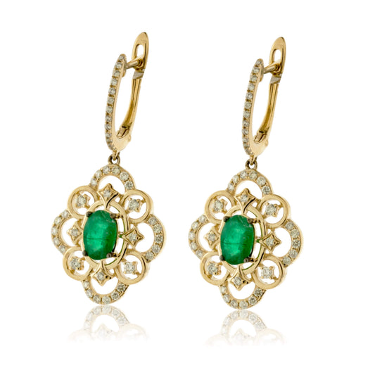 Oval Emerald & Diamond Filigree Style Dangle Earrings - Park City Jewelers