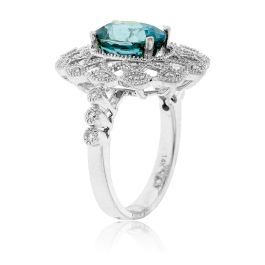 Oval Intricate Blue Zircon & Diamond Ring - Park City Jewelers