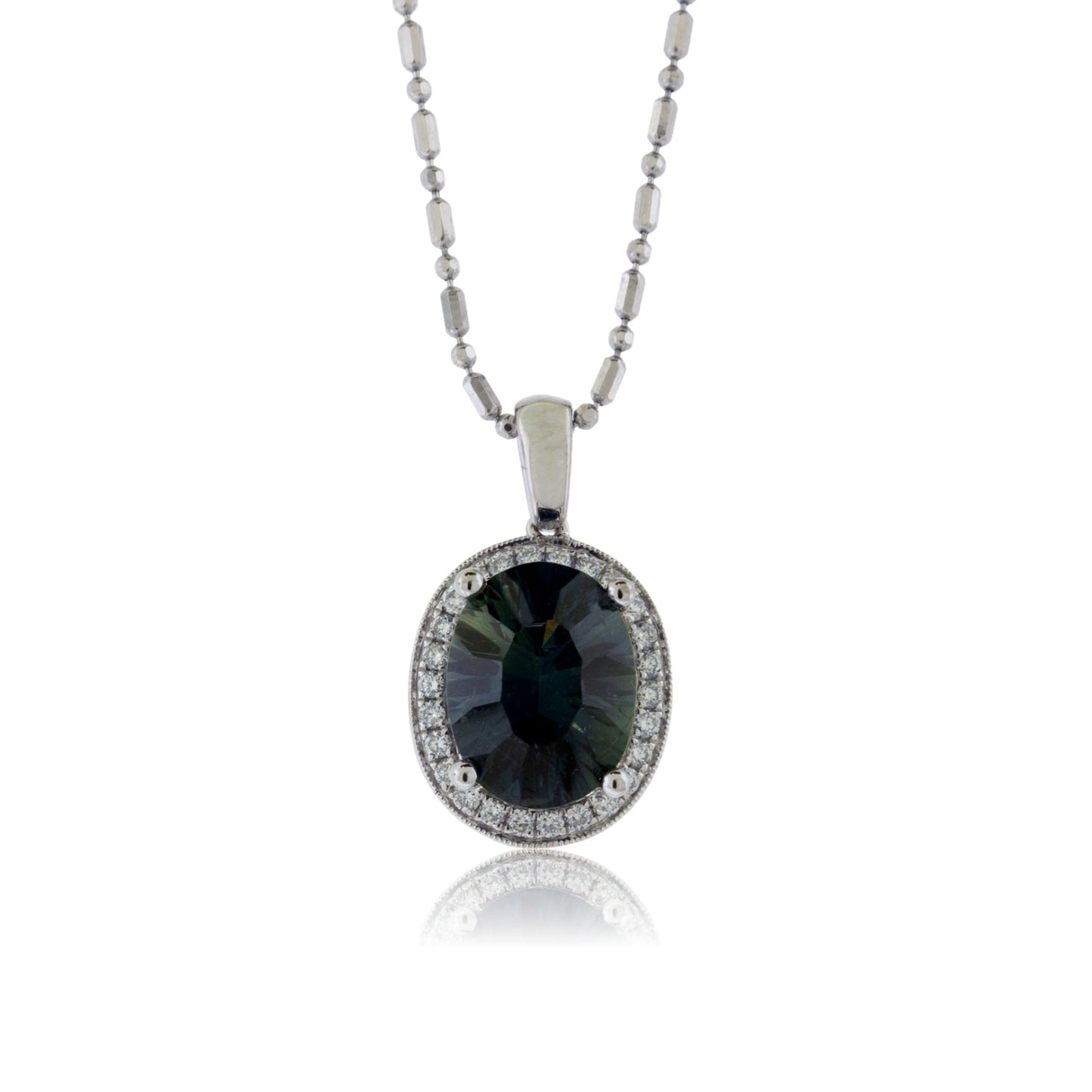 Oval Peacock Sapphire and Diamond Halo Pendant - Park City Jewelers