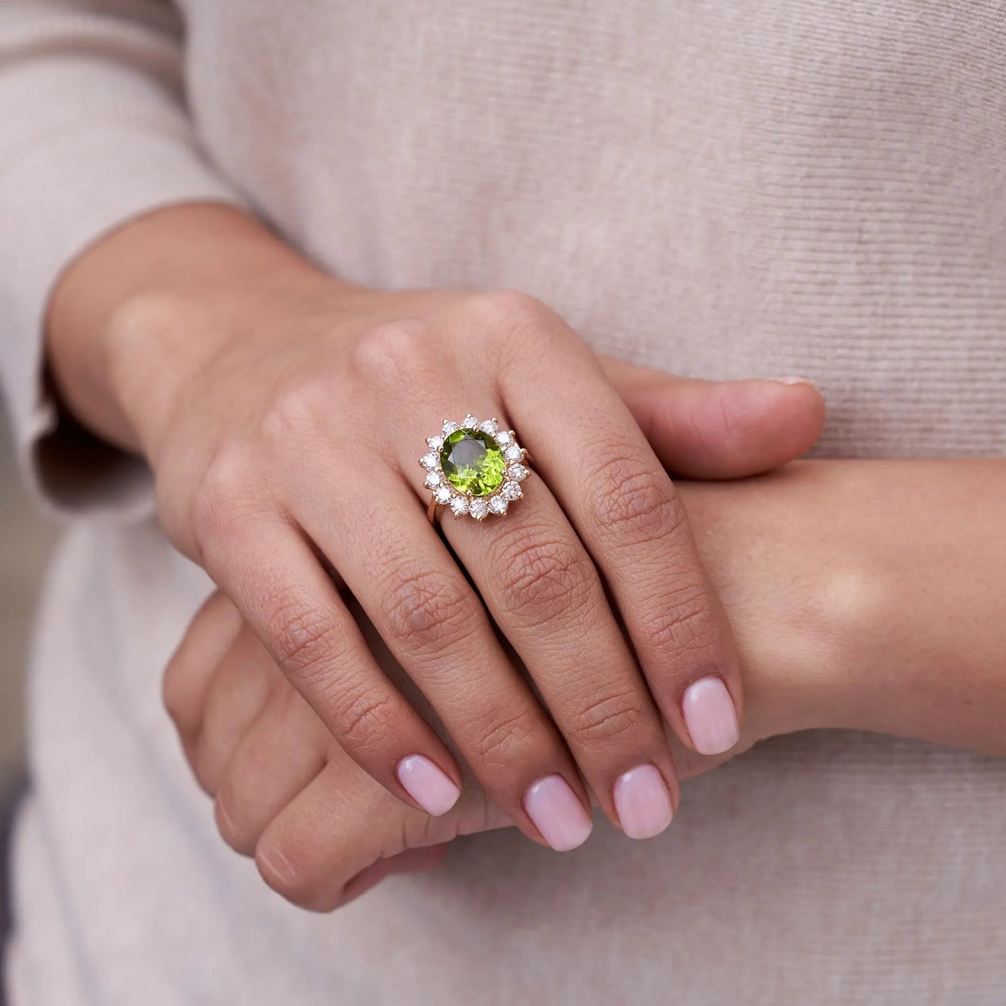 Oval Peridot & Classic Diamond Halo Ring - Park City Jewelers