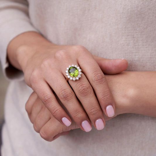 Oval Peridot & Classic Diamond Halo Ring - Park City Jewelers