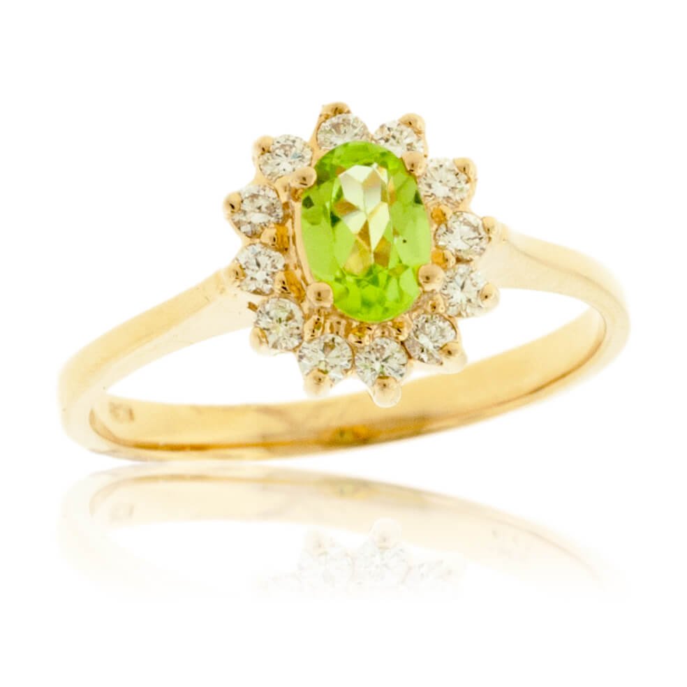 Oval Peridot & Classic Diamond Halo Ring - Park City Jewelers
