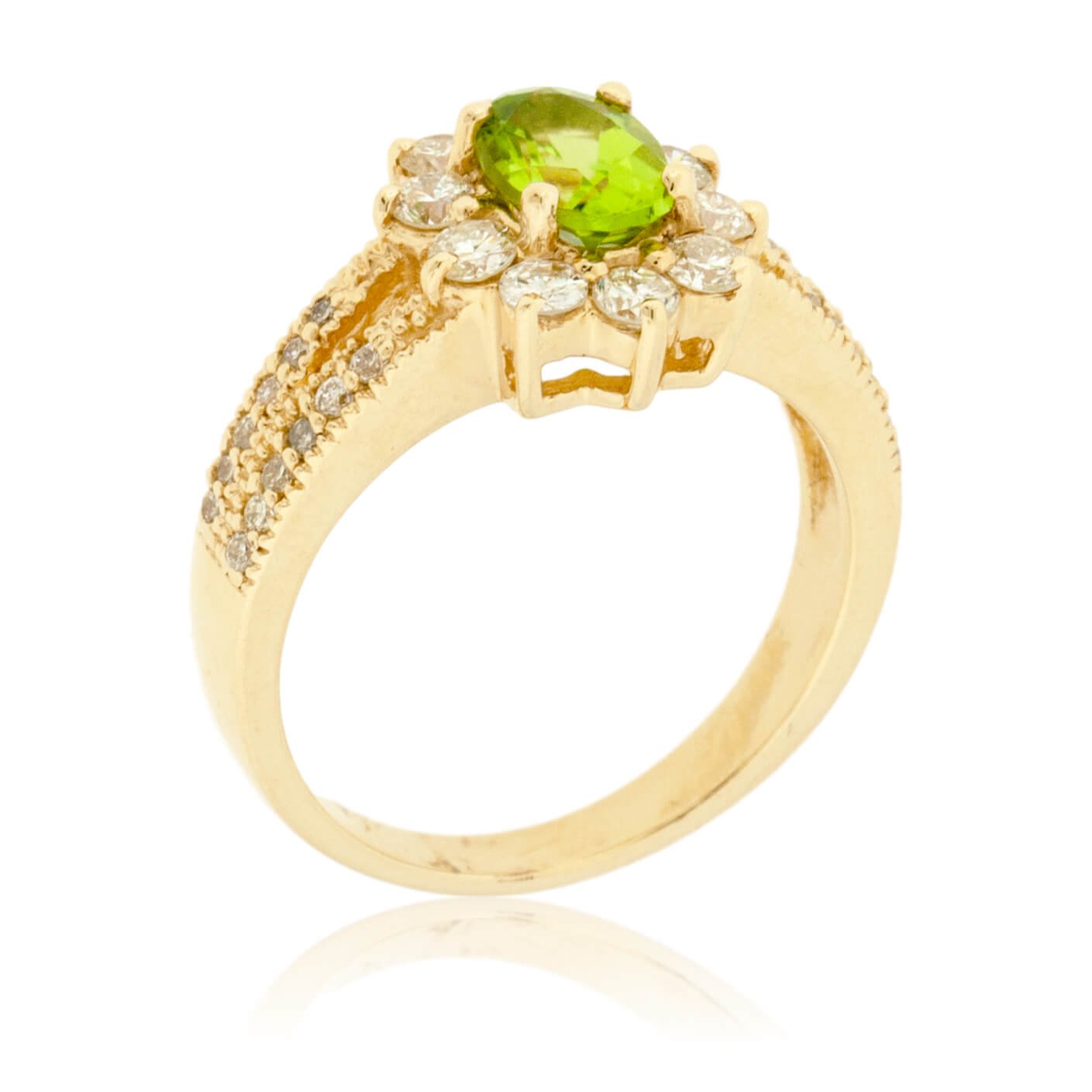 Oval Peridot & Classic Diamond Halo Split Shank Ring - Park City Jewelers