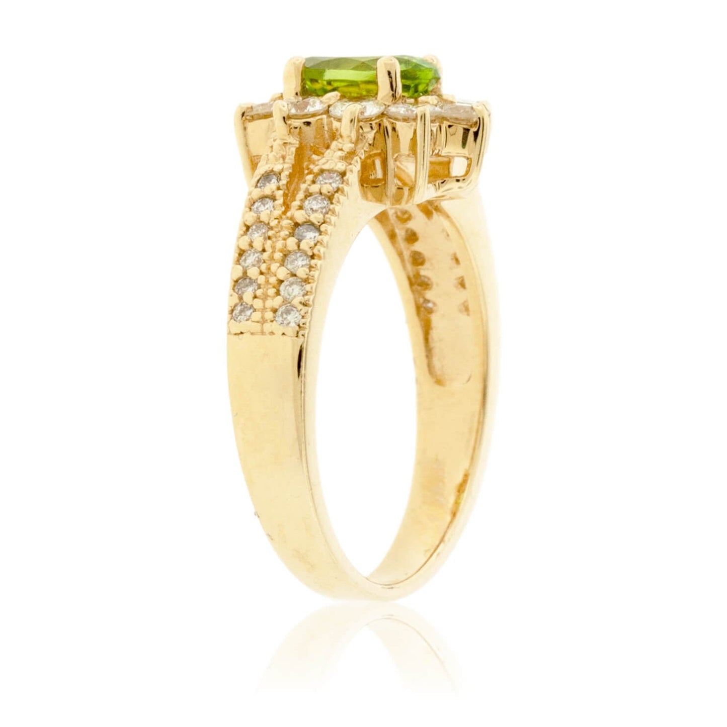 Oval Peridot & Classic Diamond Halo Split Shank Ring - Park City Jewelers