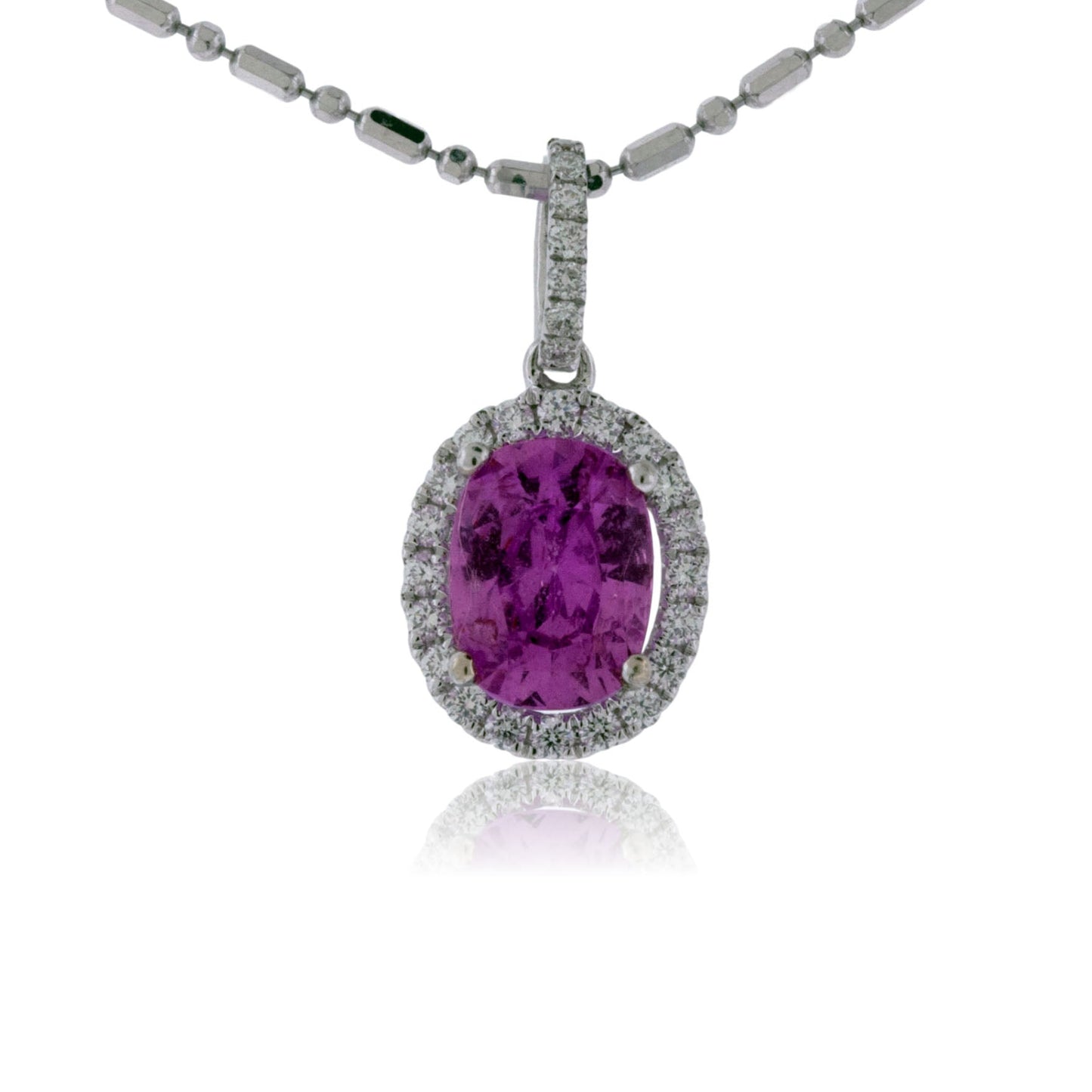 Oval Pink Sapphire and Diamond Halo Pendant - Park City Jewelers