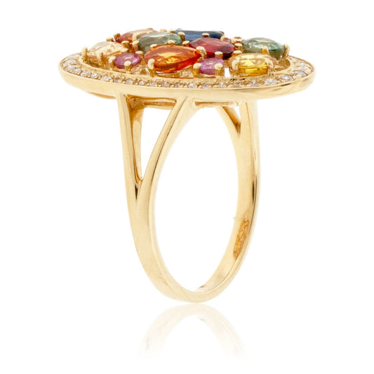 Oval Rainbow Sapphire & Diamond Halo Cluster Style Ring - Park City Jewelers