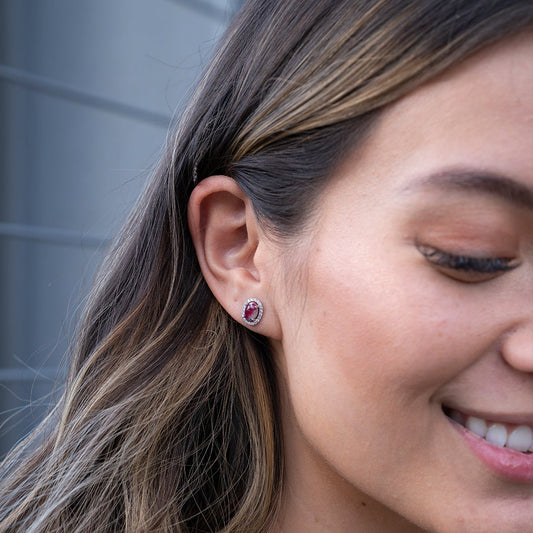 Oval Red Beryl Cabochon with Diamond Halo Post Earrings - Park City Jewelers