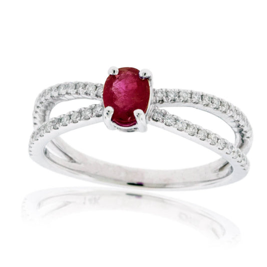 Oval Red Emerald with Diamond Split Shank Ring - Park City Jewelers