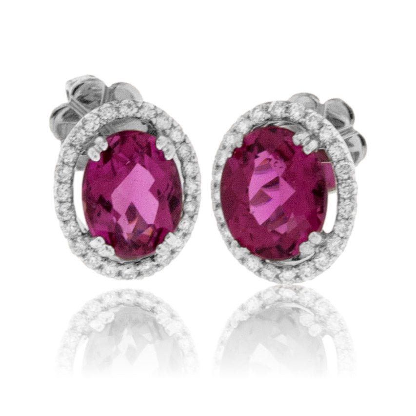 Oval Rubelite with Diamond Halo Stud Earrings - Park City Jewelers