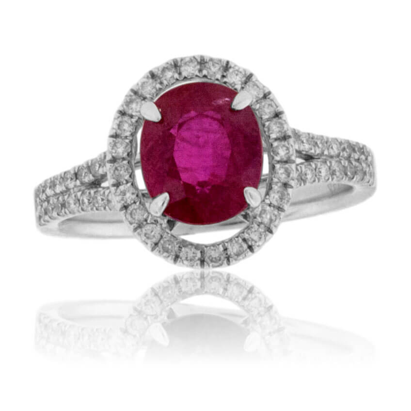 Oval Ruby and Split Shank Diamond Halo Ring - Park City Jewelers