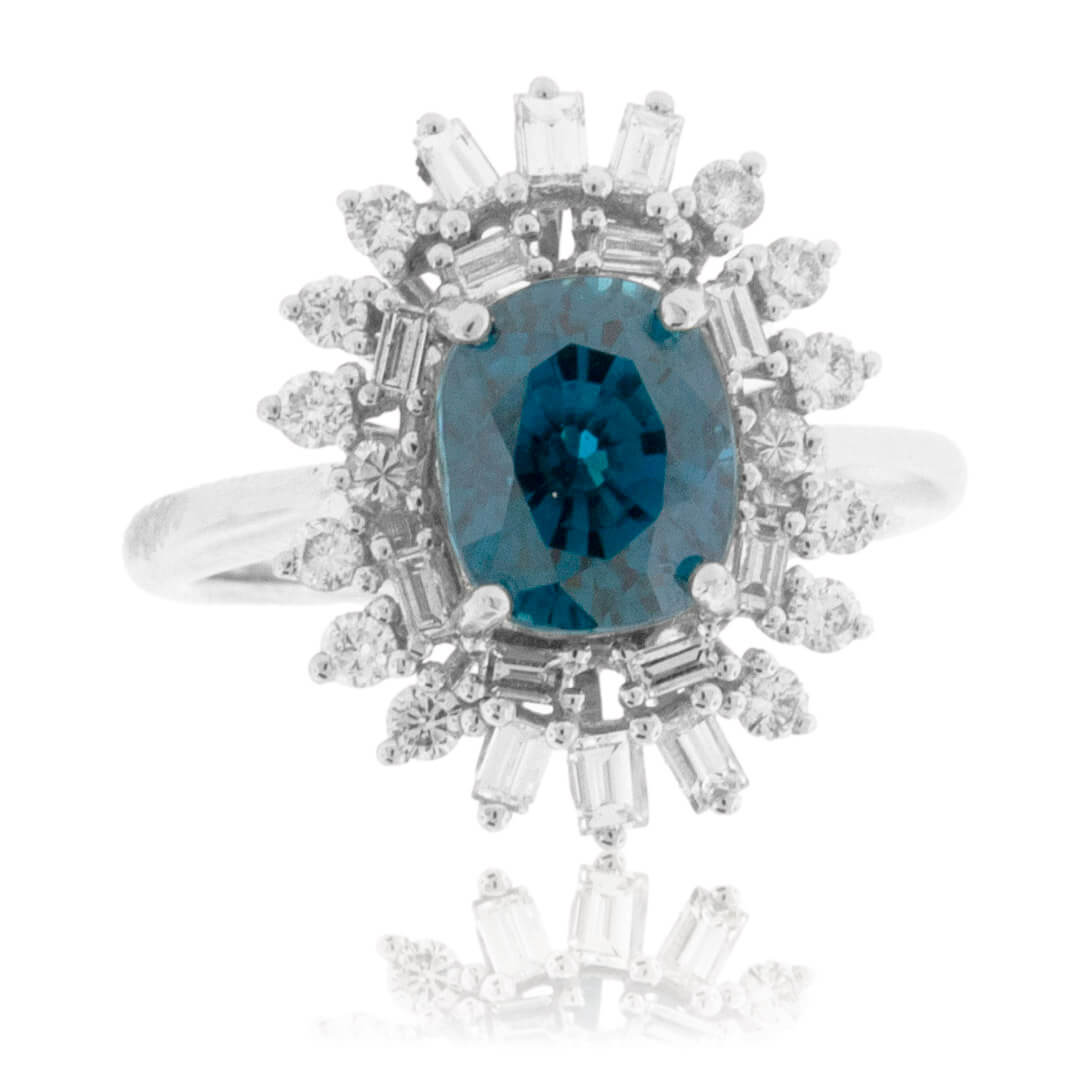 Oval Shaped Blue Zircon with Baguette Burst Diamond Halo - Park City Jewelers