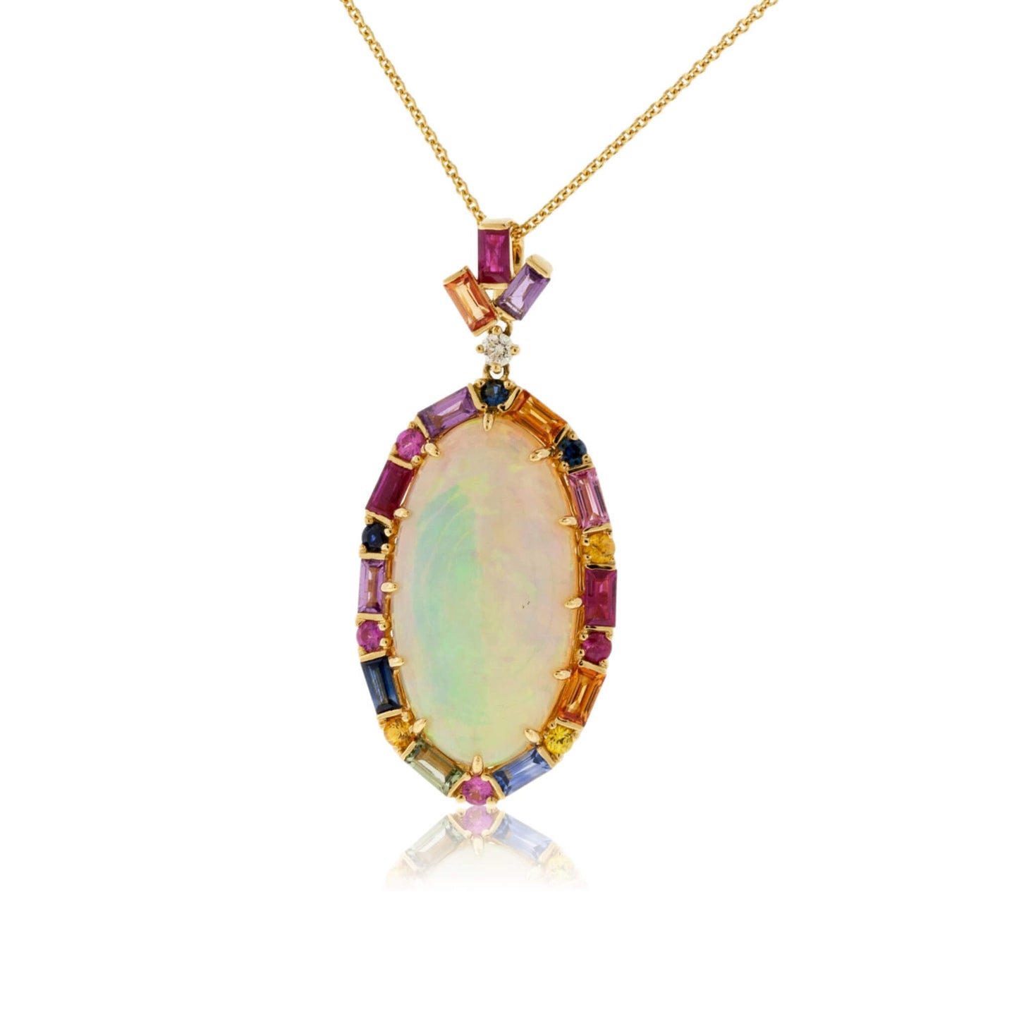 Oval Shaped Opal Cabochon with Sapphire Halo Pendant with Chain - Park City Jewelers
