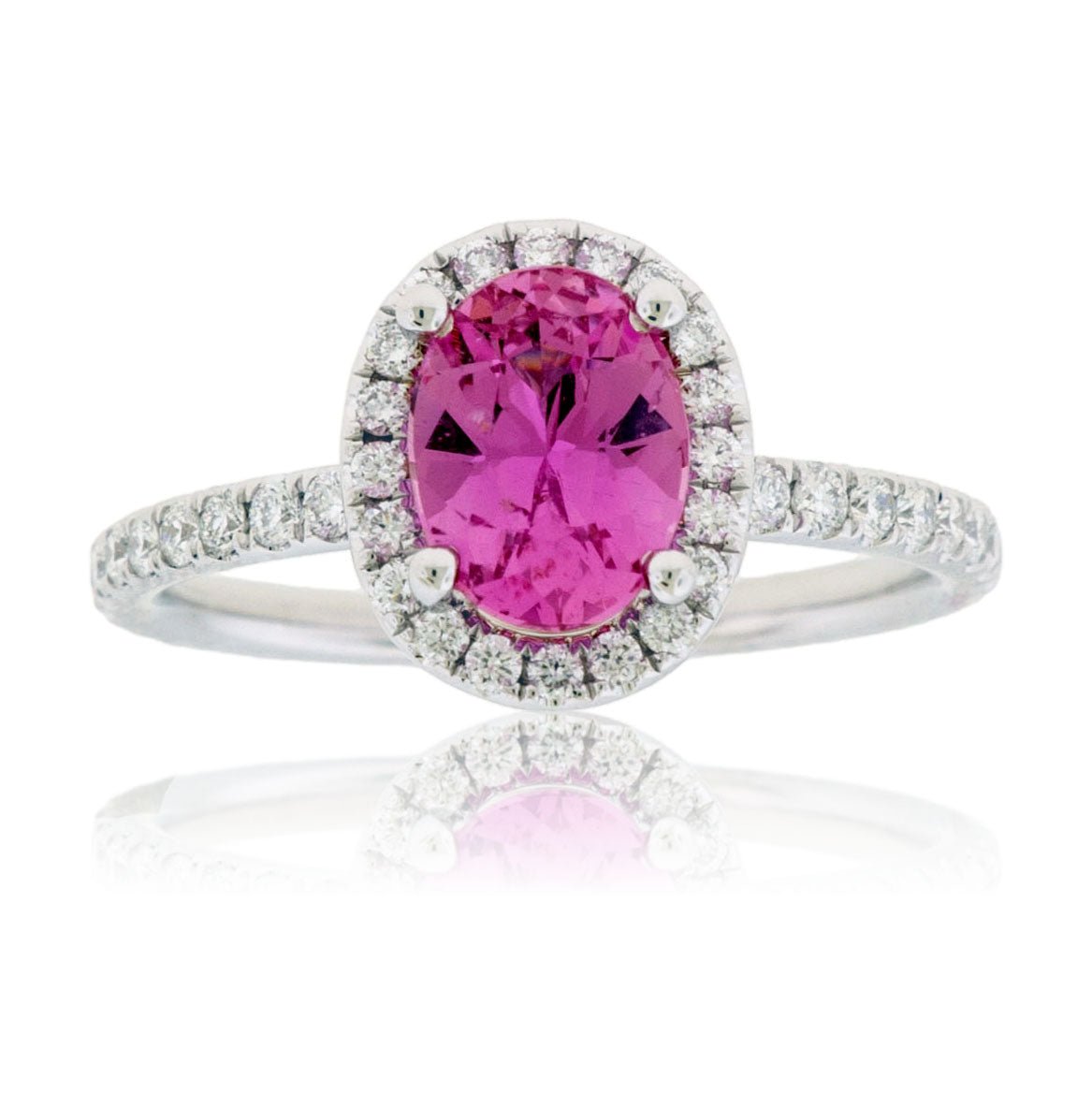 Oval Shaped Pink Sapphire Diamond Halo Ring - Park City Jewelers