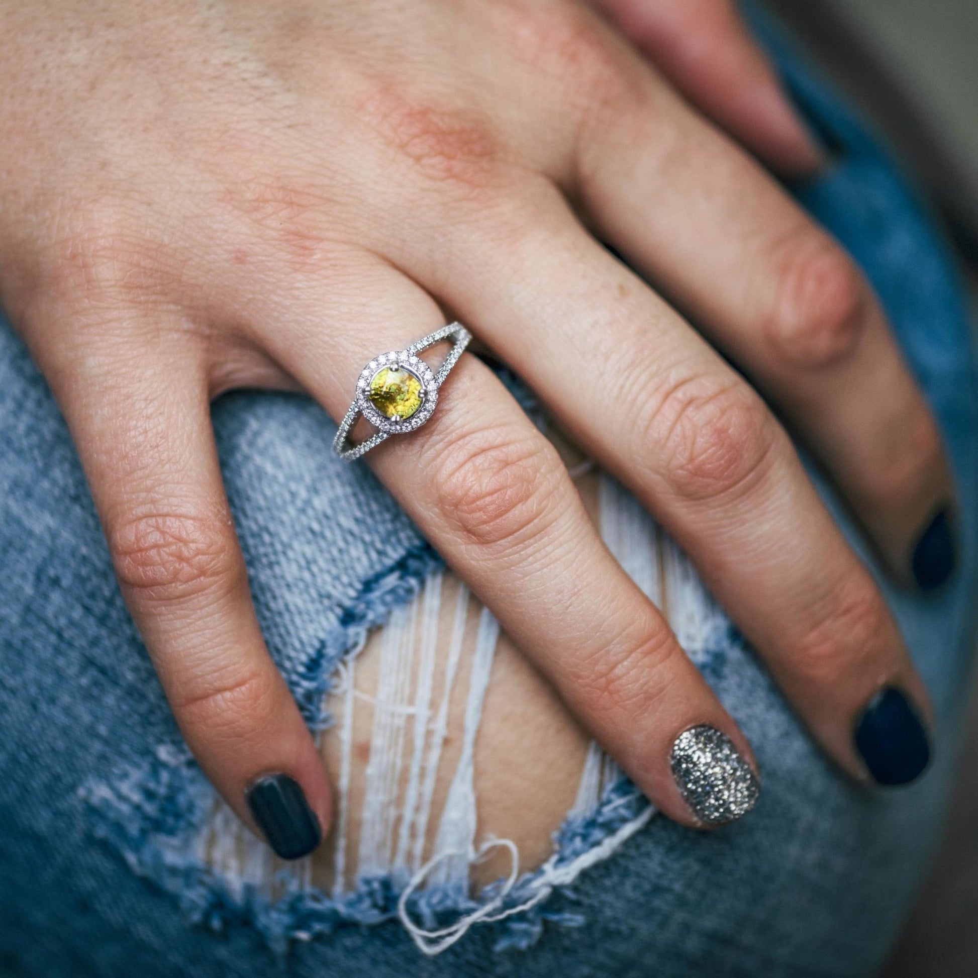 Oval Sphene and Diamond Halo Split Shank Band - Park City Jewelers