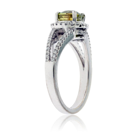 Oval Sphene and Diamond Halo Split Shank Band - Park City Jewelers