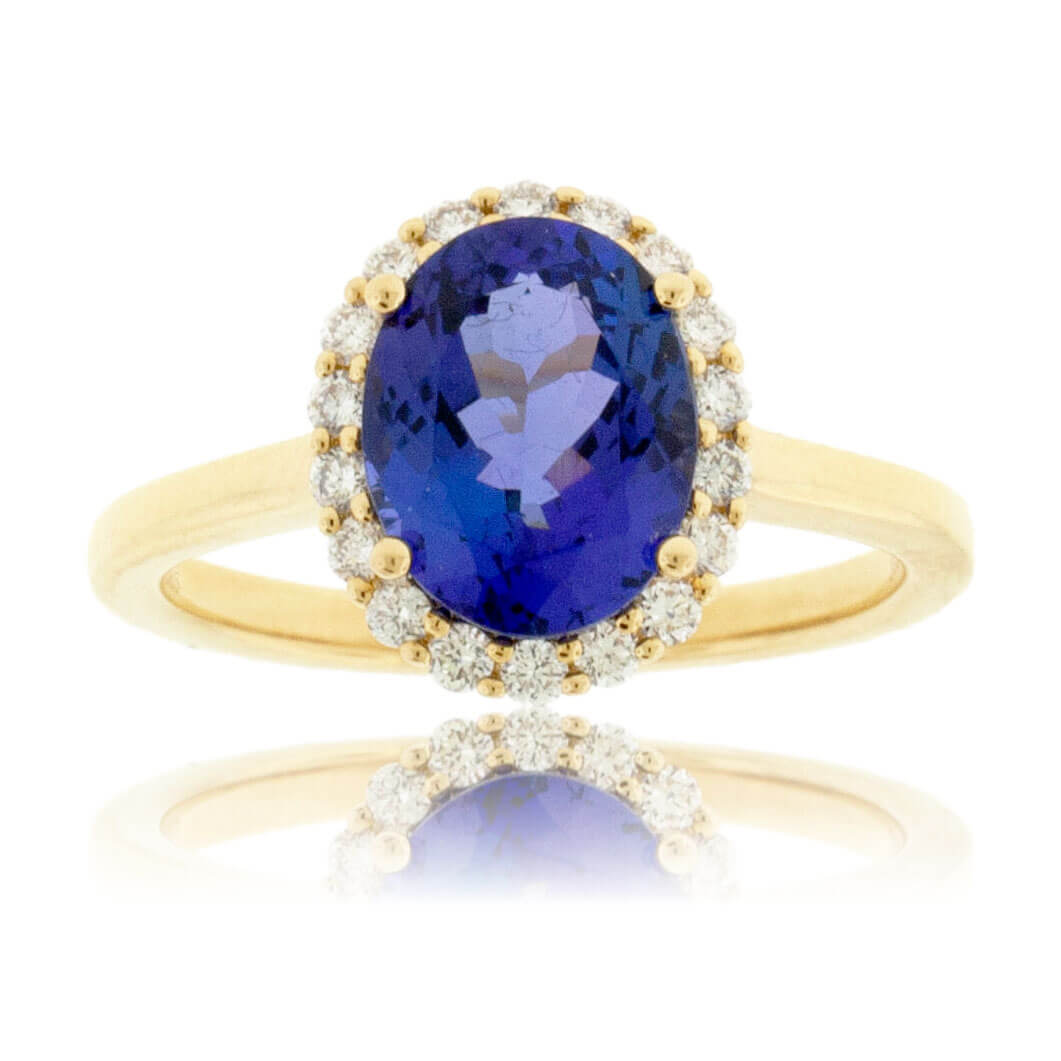 Oval Tanzanite & Diamond Halo Yellow Gold Ring - Park City Jewelers