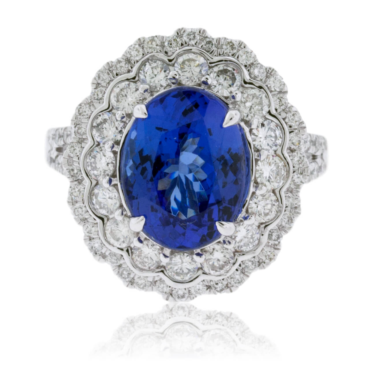 Oval Tanzanite & Double Diamond Halo Scalloped Ring - Park City Jewelers
