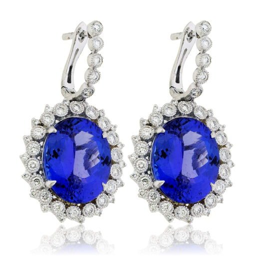 Oval Tanzanite & Stunning Classic Diamond Halo Dangle Earrings - Park City Jewelers
