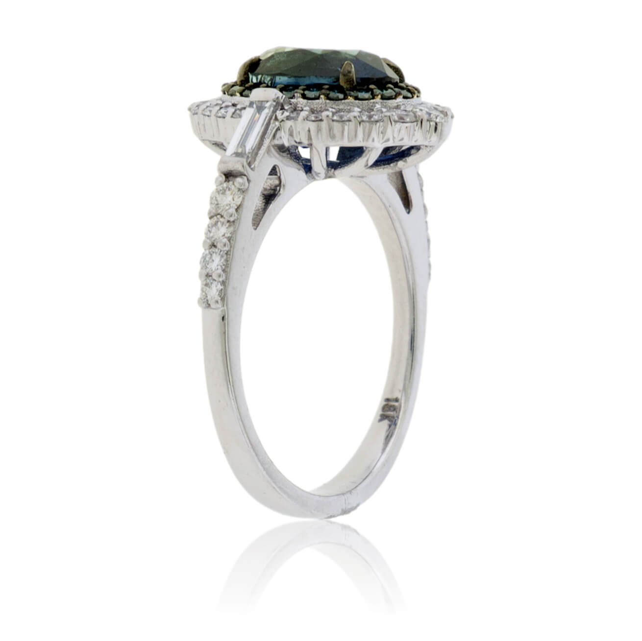 Peacock Blue-Green Sapphire & Blue Diamond Halo Ring - Park City Jewelers