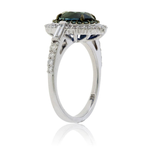 Peacock Blue-Green Sapphire & Blue Diamond Halo Ring - Park City Jewelers