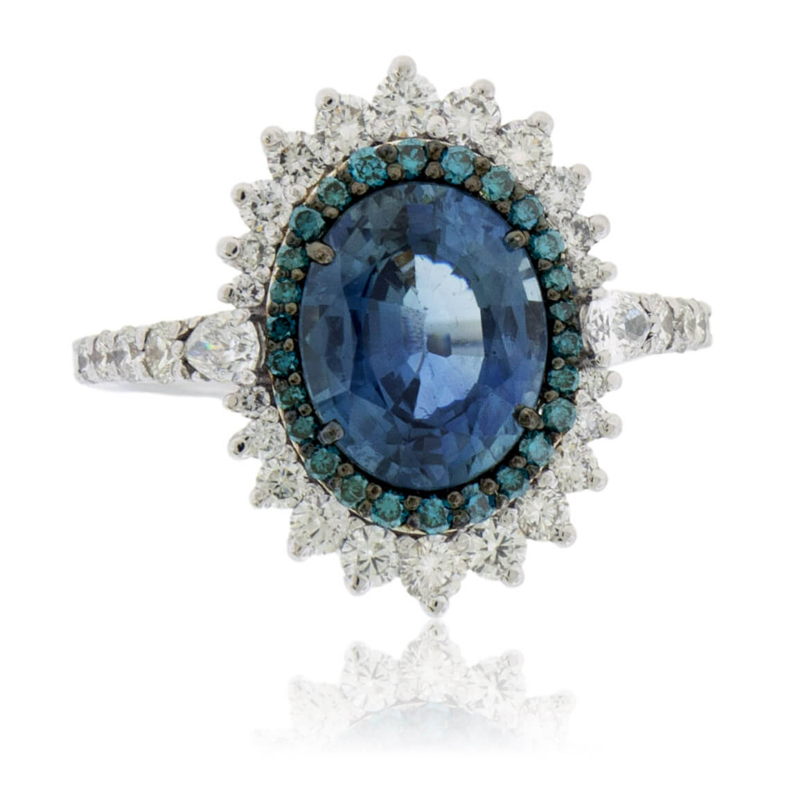 Peacock Blue-Green Sapphire & Blue Diamond Halo Ring - Park City Jewelers