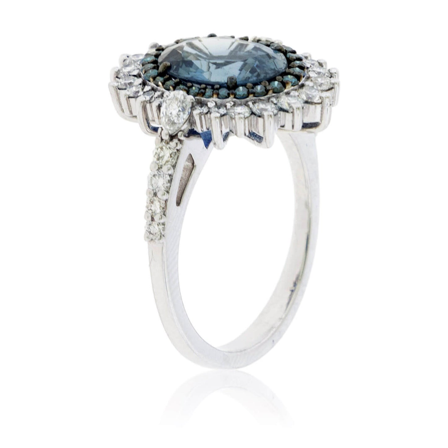 Peacock Blue-Green Sapphire & Blue Diamond Halo Ring - Park City Jewelers