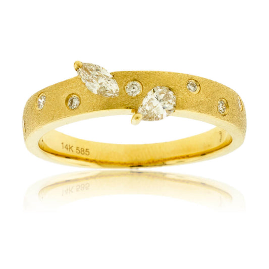 Pear and Marquise Diamond Gold Satin Finish Flush Set Ring - Park City Jewelers