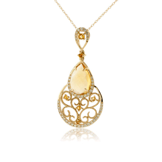 Pear Cut Citrine & Diamond Filigree Pendant w/Chain - Park City Jewelers