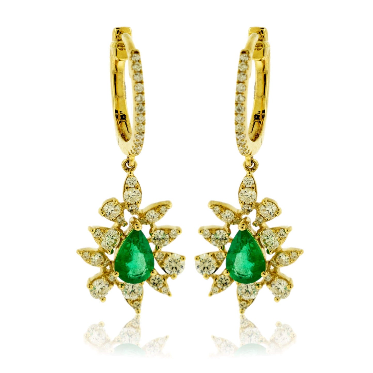 Pear Emerald and Diamond Classic Style Halo Dangle Earrings - Park City Jewelers