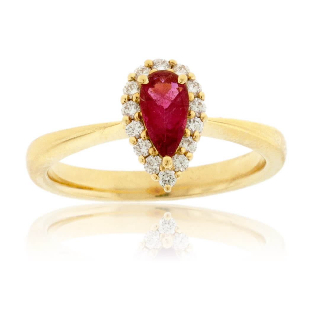 Pear Red Beryl Emerald & Diamond Halo Yellow Gold Ring - Park City Jewelers