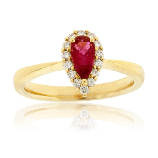 Pear Red Beryl Emerald & Diamond Halo Yellow Gold Ring - Park City Jewelers