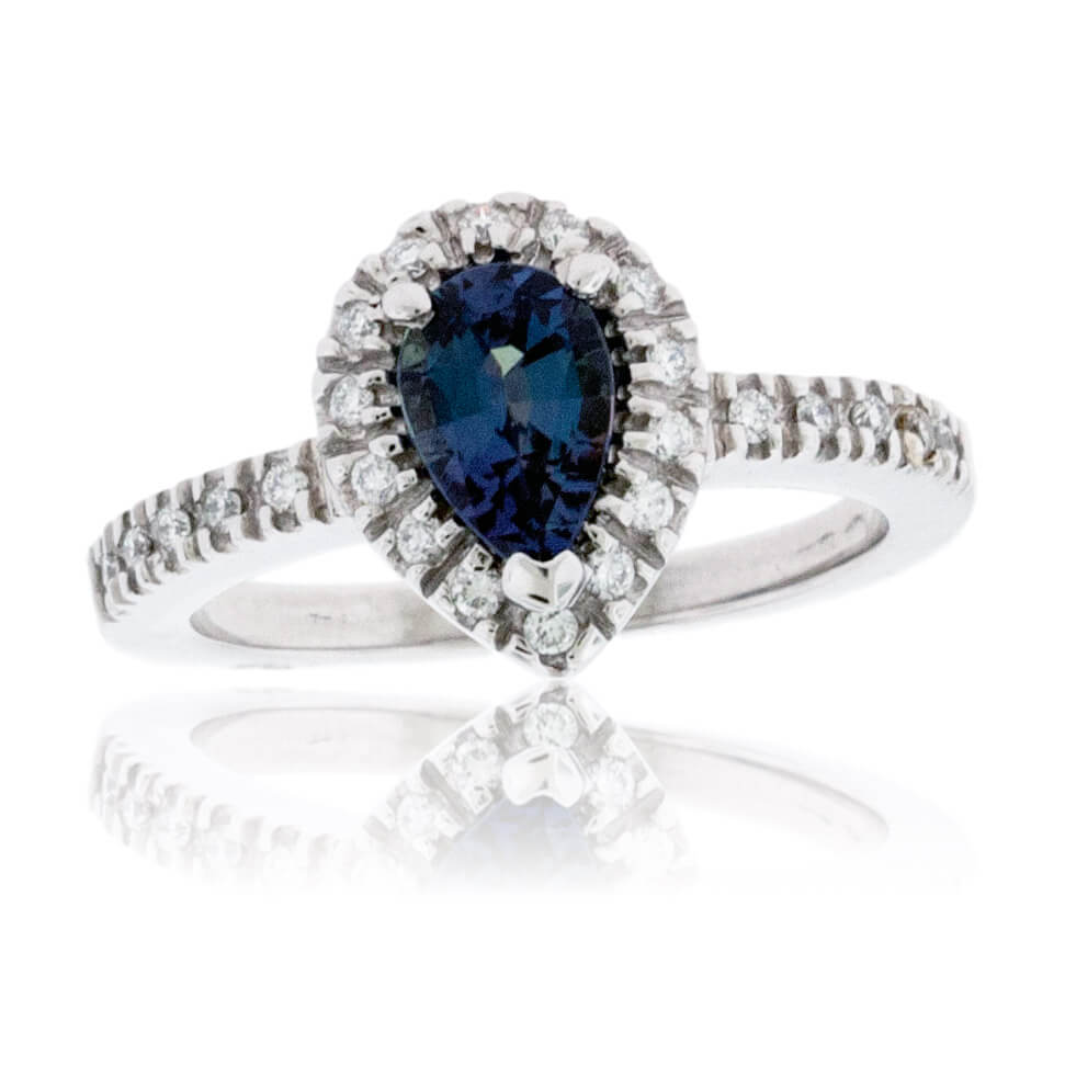 Pear-Shape Alexandrite & Diamond Halo Diamond Shank Ring - Park City Jewelers