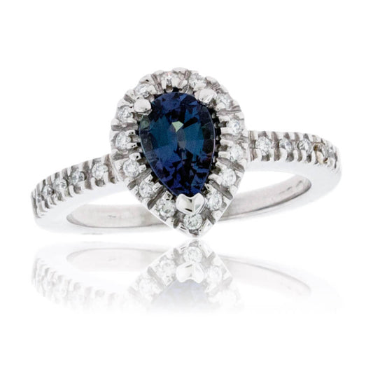 Pear-Shape Alexandrite & Diamond Halo Diamond Shank Ring - Park City Jewelers