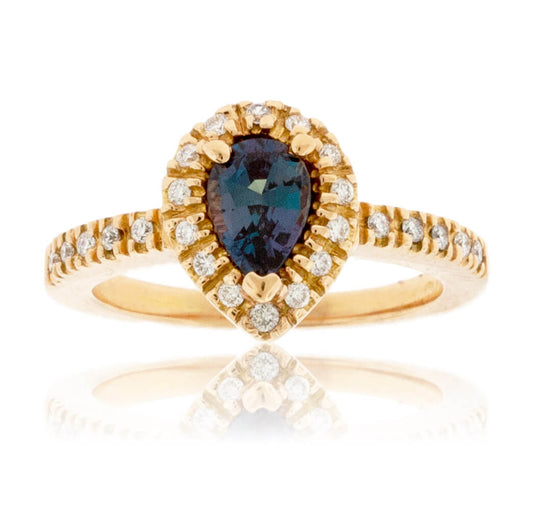 Pear-Shape Alexandrite & Diamond Halo Diamond Shank Ring - Park City Jewelers